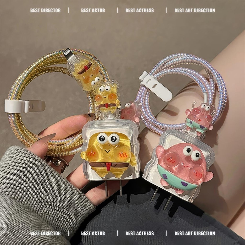 Iphone Charger Protector 18w/20w Spongebob สีเหลือง Iphone Charger Head Cable Protector Iphone/Ipad 