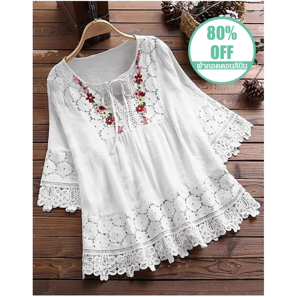 CCC เสื้อผ้าคอตตอนลินิน ทรงหลวม ปักลายสวย