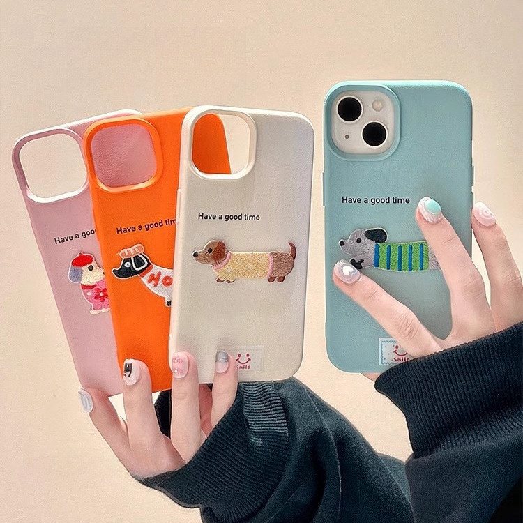 ใช้งานร่วมกับสําหรับ iPhone 15 14 13 12 11 Pro MAX X XR XS MAX 7 8 Plus INS น่ารักการ์ตูน high-end ปักลูกสุนัขเคสโทรศัพท์นุ่ม