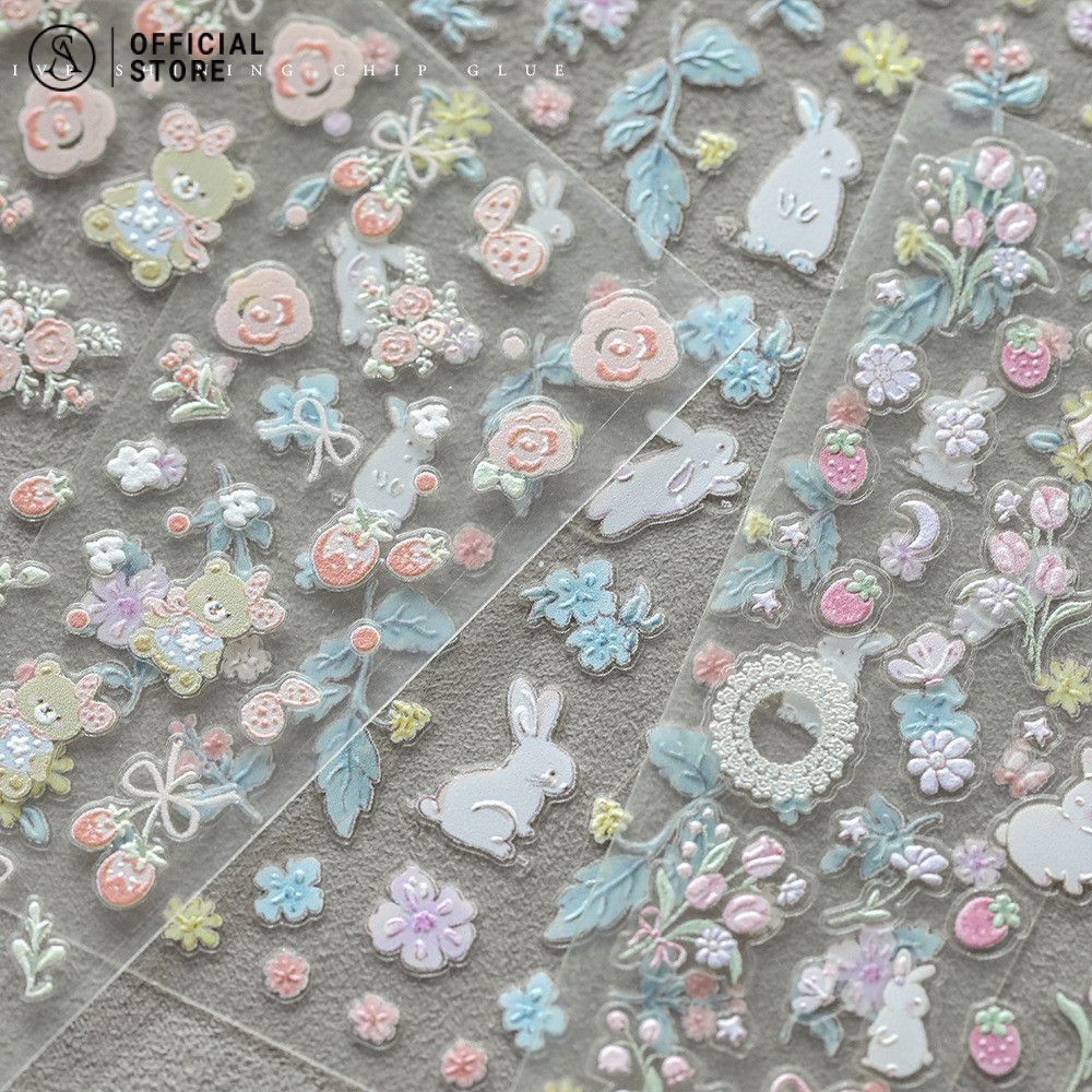 สติ๊กเกอร์เล็บกระต่ายสีขาวน่ารัก พวงหรีดสตรอเบอร์รี่สติ๊กเกอร์เล็บ อุปกรณ์ทําเล็บ