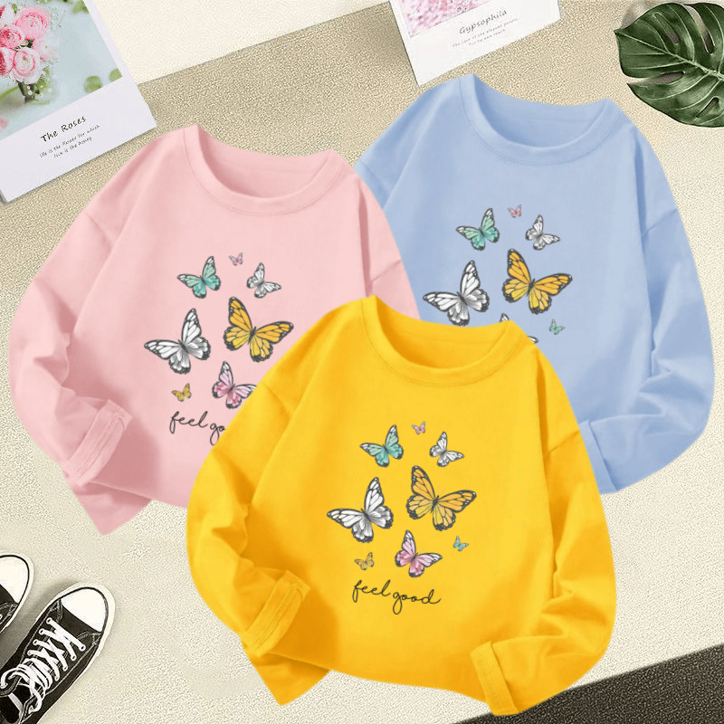 3-12ปีการ์ตูนที่มีสีสันผีเสื้อพิมพ์สาวแขนยาวเสื้อยืดนุ่มรอบคอเด็กด้านบนอเนกประสงค์ฤดูร้อนเด็ก เสื้อผู้หญิง-ที
