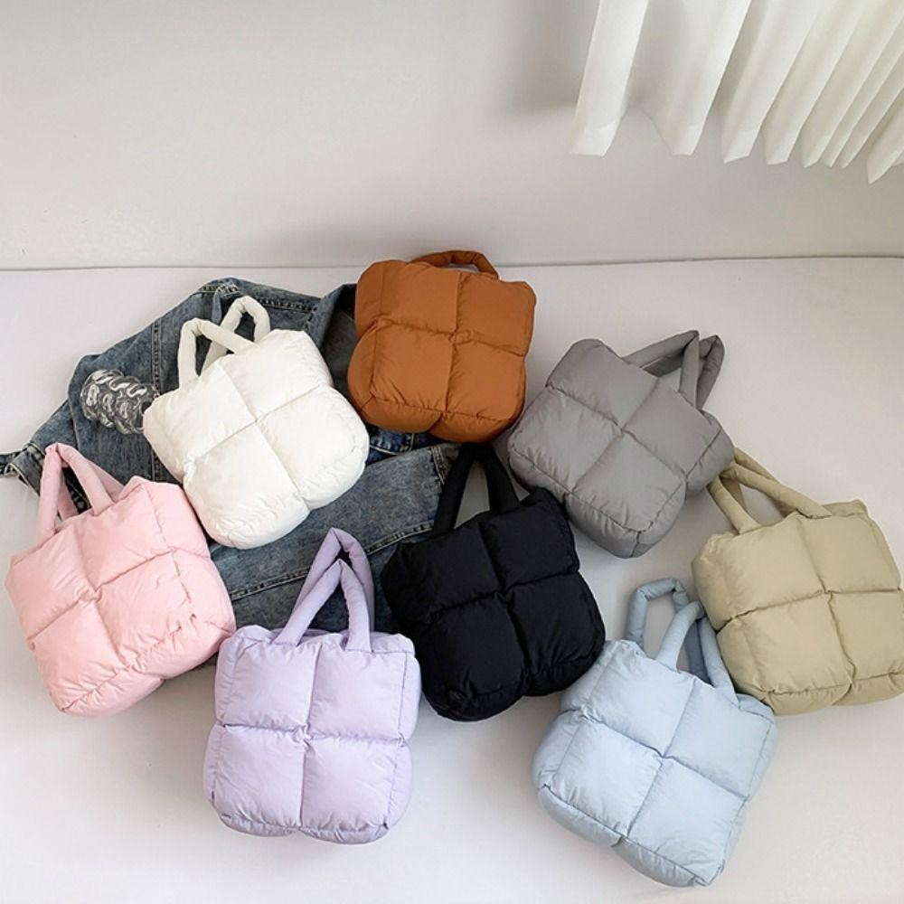 Lfinds Space Cotton กระเป๋าถือ, สีทึบไนลอน Cloud Tote Bag, แฟชั่นเบาะความจุขนาดใหญ่ Handle Puffy กระเป๋าสะพายทุกวัน