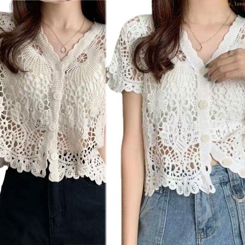 Blove * ผู้หญิงสไตล์ฝรั่งเศสแขนสั้นลูกไม้ Shrug Hollow Out ถัก Bolero คาร์ดิแกน V คอปุ่ม Down Sheer Crop