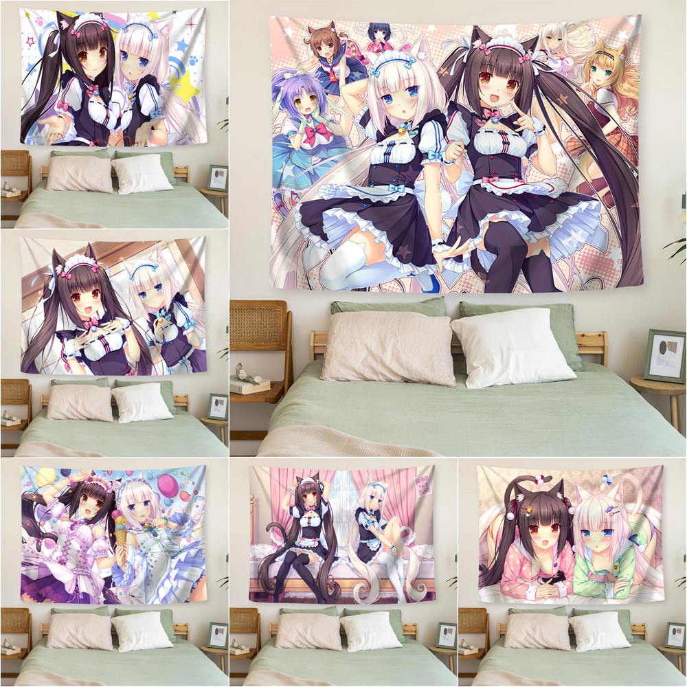 Nekopara Chocola & Vanilla Wall Tapestry พร้อมคลิปโพลีเอสเตอร์ Tapestries ตกแต่งบ้าน