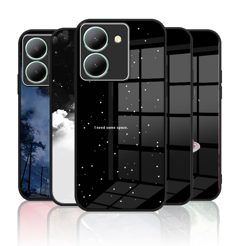 เคสกระจก VIVO Y36 4G / Y27 5g / Y27s / Y36 5g เคสกระจกนิรภัยฮาร์ดฝาหลังขอบซิลิคอนอ่อน