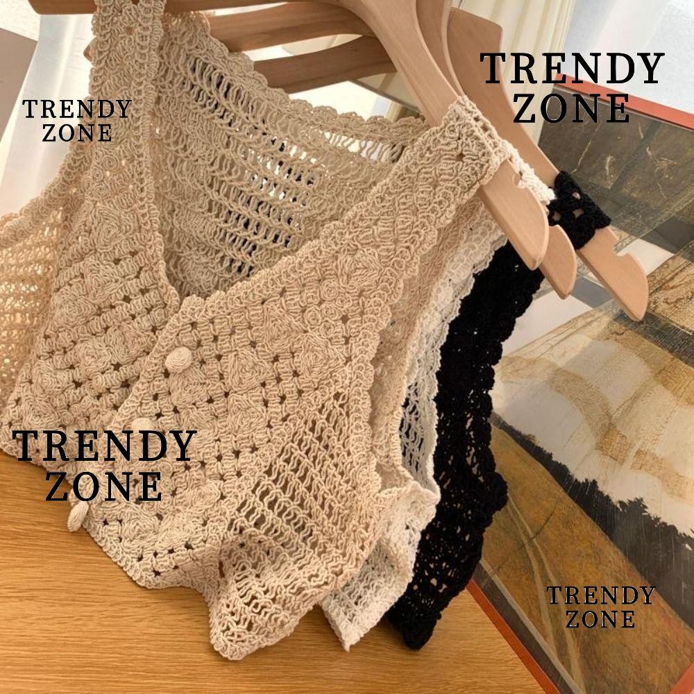 Trendyzone โครเชต์ Crop Tank Tops, Hollow Out เสื้อกั๊กถักปุ่มเสื้อสเวตเตอร์ถัก, Vintage Chic Beach แขนกุดผ้าเสื้อลําลองผู้หญิง