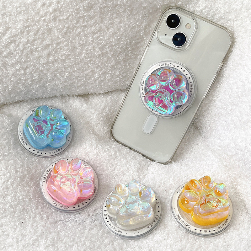 สีเลเซอร์ Cat Paw รอบแม่เหล็กผู้ถือโทรศัพท์สําหรับ IPhone 16 15 14 13 12 Pro Max 14 Plus พับ Pop แหวน Grip ยืดโต๊ะขาตั้ง P2
