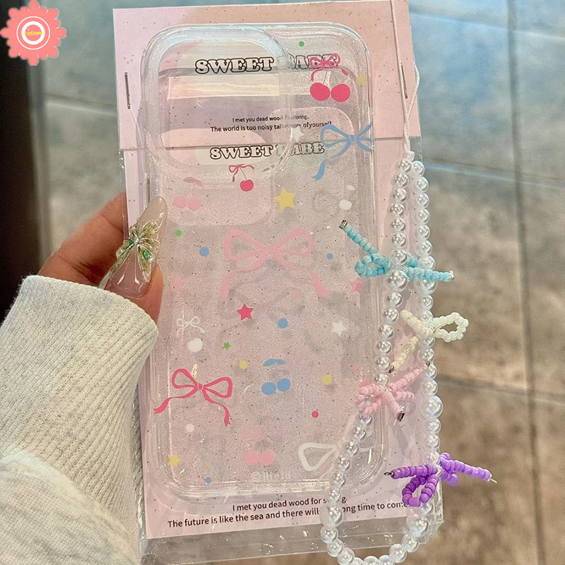 แฟชั่น Doodle น่ารักสีสัน Bow Knot Stars Cherry Case สําหรับ IPhone 15 13 14 11 12 Pro Max 7Plus XR 15 7 14 8 Plus X XS Max SE 2020 อินเทรนด์โปร่งใสนุ่มกรณี