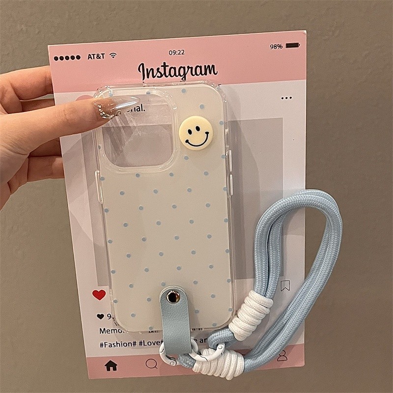 หรูหราลายจุดสีขาวยิ้ม + เคสโทรศัพท์แบบโซ่สําหรับ ไอโฟน15 14 13 12 มือโปร สูงสุด กันกระแทกกล้องป้องกันการตกฮาร์ดปกหลัง