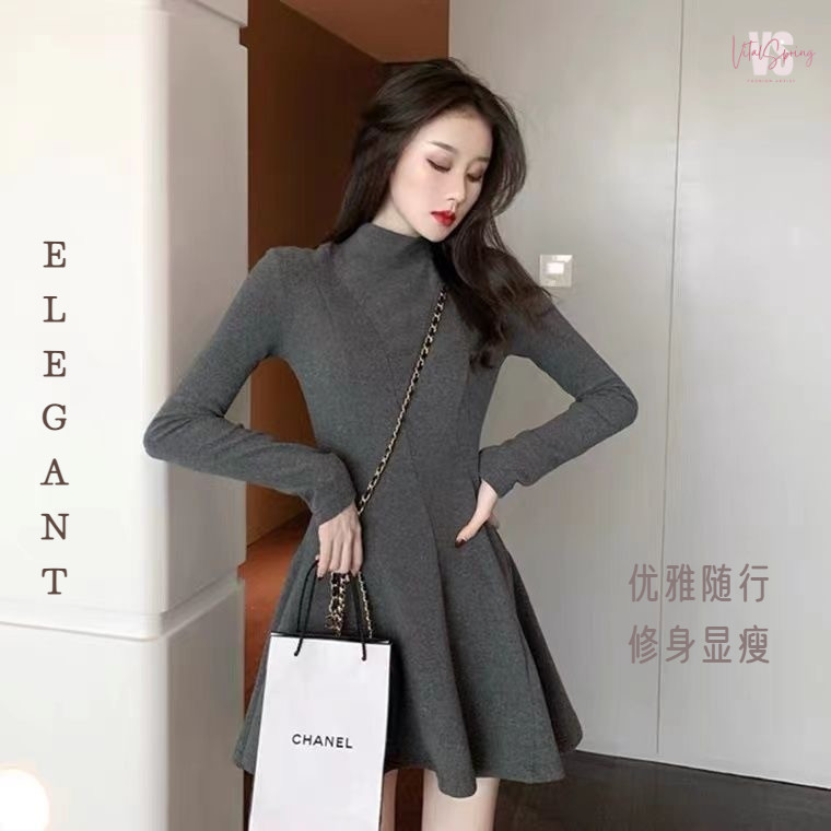 ครึ่งคอสูงฤดูใบไม้ร่วงฤดูหนาวอารมณ์แขนยาวชุดslim-fitเอวสูงslimmerดูa