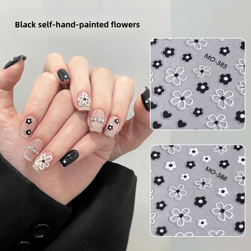สติ๊กเกอร์ติดเล็บลายดอกไม้เล็กๆ สีดำและสีขาวลายนูน / สติ๊กเกอร์ติดเล็บลายดอกไม้รูปหัวใจ / อุปกรณ์ทำเล็บ DIY