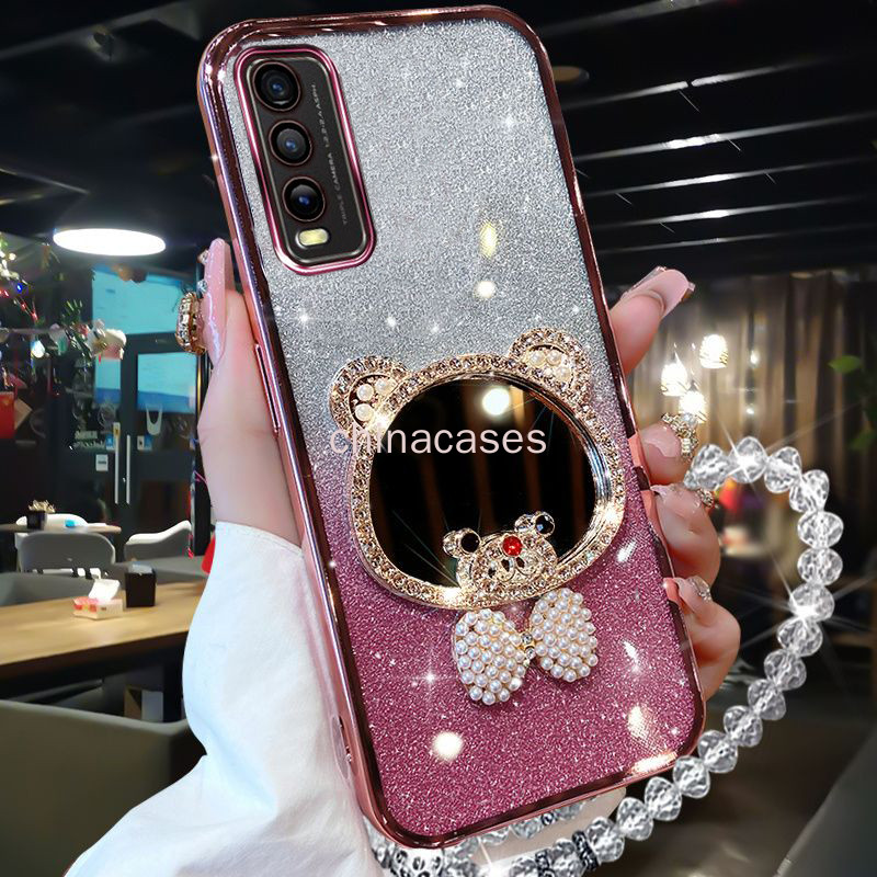 Luxury Glitter ชุบ vivo Y20 Y12S Y12A Y20S Y20i Y20A เคสโทรศัพท์ฝาครอบโปร่งใส pearl bow กระจกแต่งหน้าพร้อมสร้อยข้อมือ