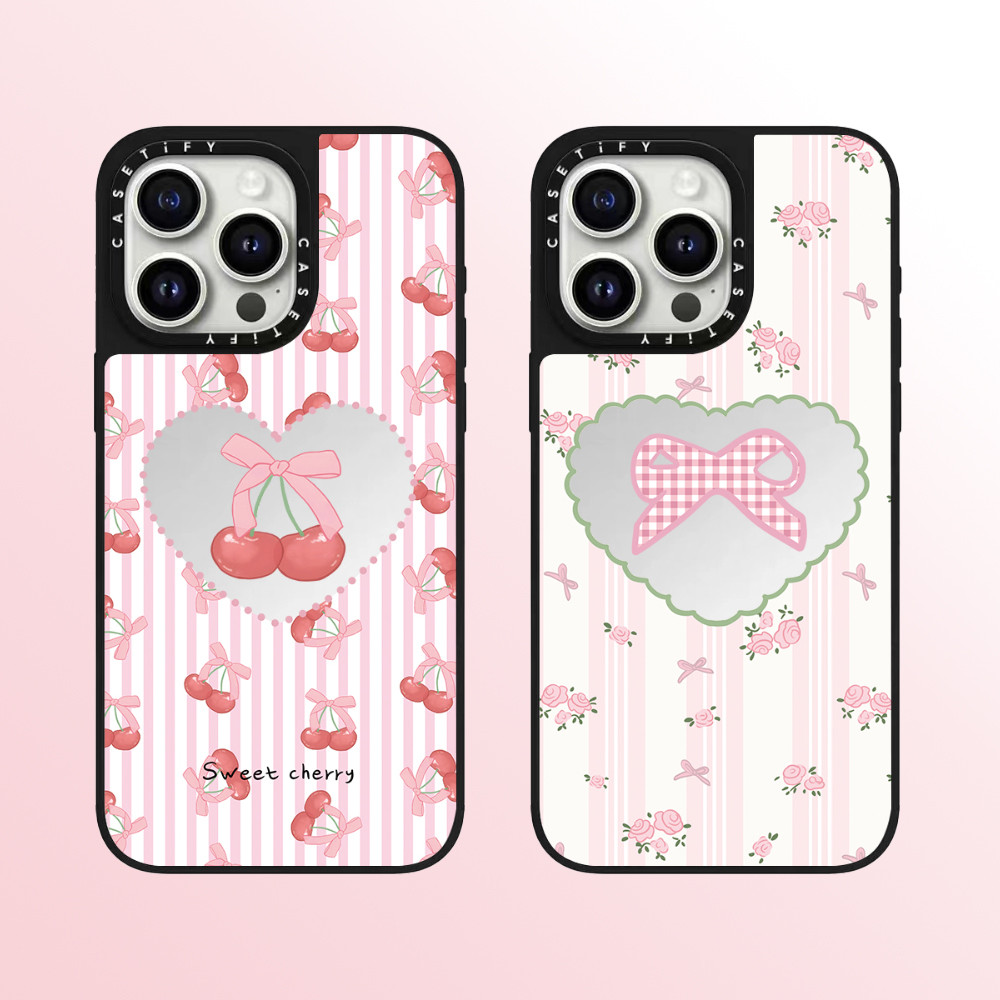 Casetify Love Cherry Bow คุณภาพสูงกระจกเคสโทรศัพท์เหมาะสําหรับ iPhone 15 Pro Max 14 Pro Max 13 Pro Max 15 Pro 14 Pro 13 Pro 12 Pro 12 11 แฟชั่น Anti Drop Hard Case