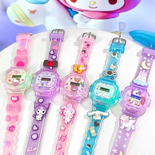 ของแท้ Sanrio Kuromi Melody Cinnamon KT Cat Pony นาฬิกาดิจิทัลธีมดนตรีพร้อมไฟกระพริบหลากสีสัน ของขวัญวันเกิดสำหรับเด็ก