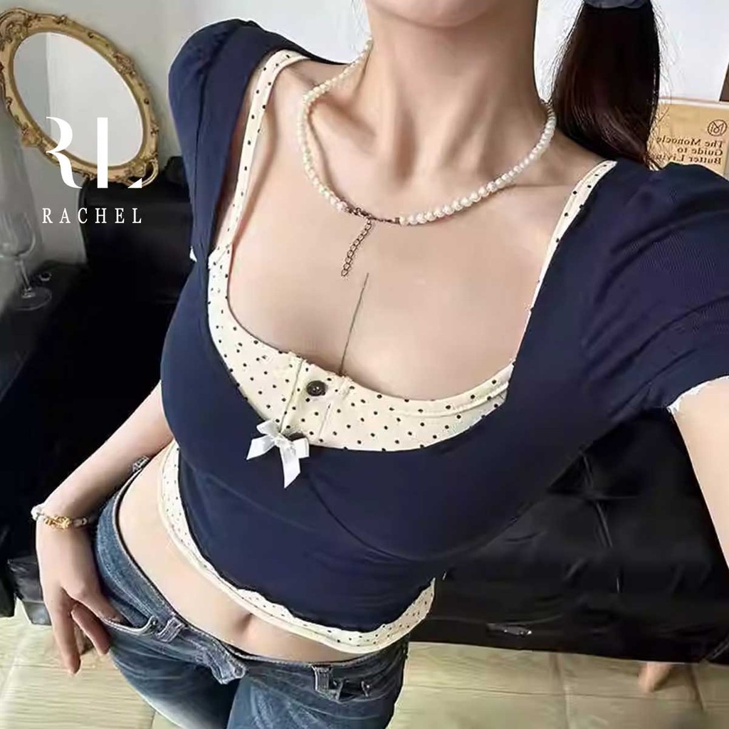 เสื้อยืดวินเทจ สองชิ้น สีสันตัดกัน ดีไซน์ลายจุด