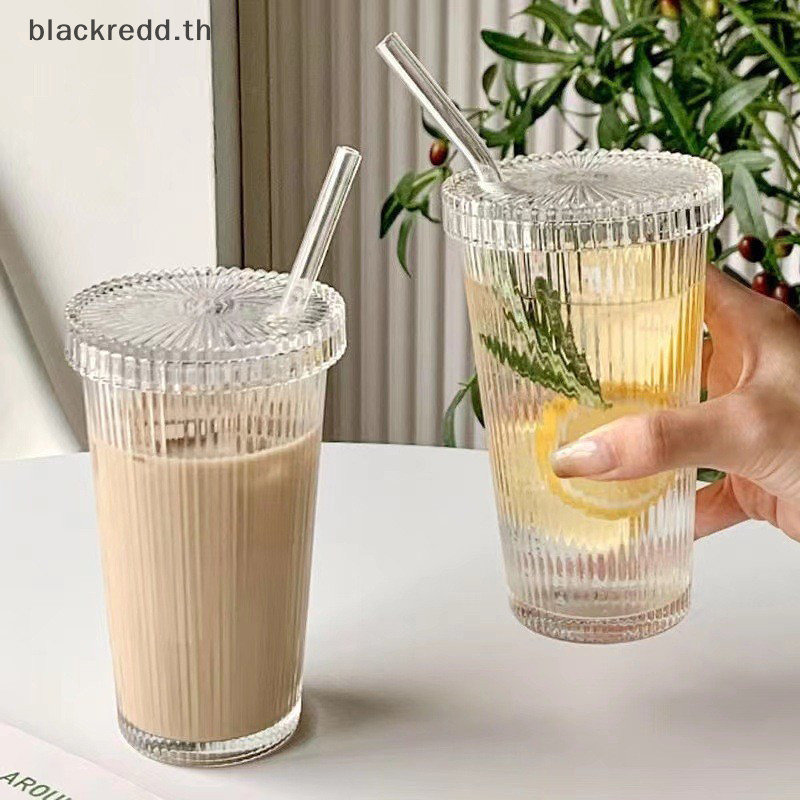 Bred 380ml Simple Stripe ถ้วยแก้วพร้อมฝาปิดและฟางถ้วยชาโปร่งใสแก้วน้ําเบียร์นม Mocha ถ้วยอาหารเช้าแก้วกาแฟ.