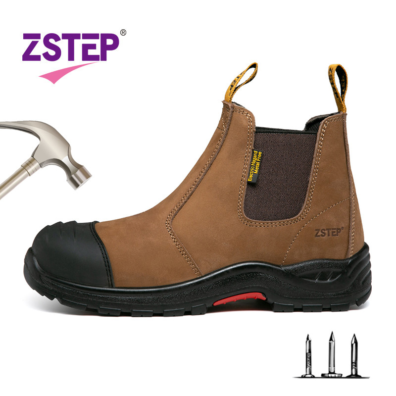 Zstep รองเท้านิรภัยรองเท้านิ้วเท้าเหล็กเชลซีป้องกันการกระแทกป้องกันการเจาะสีน้ําตาลไซส์ 39-46