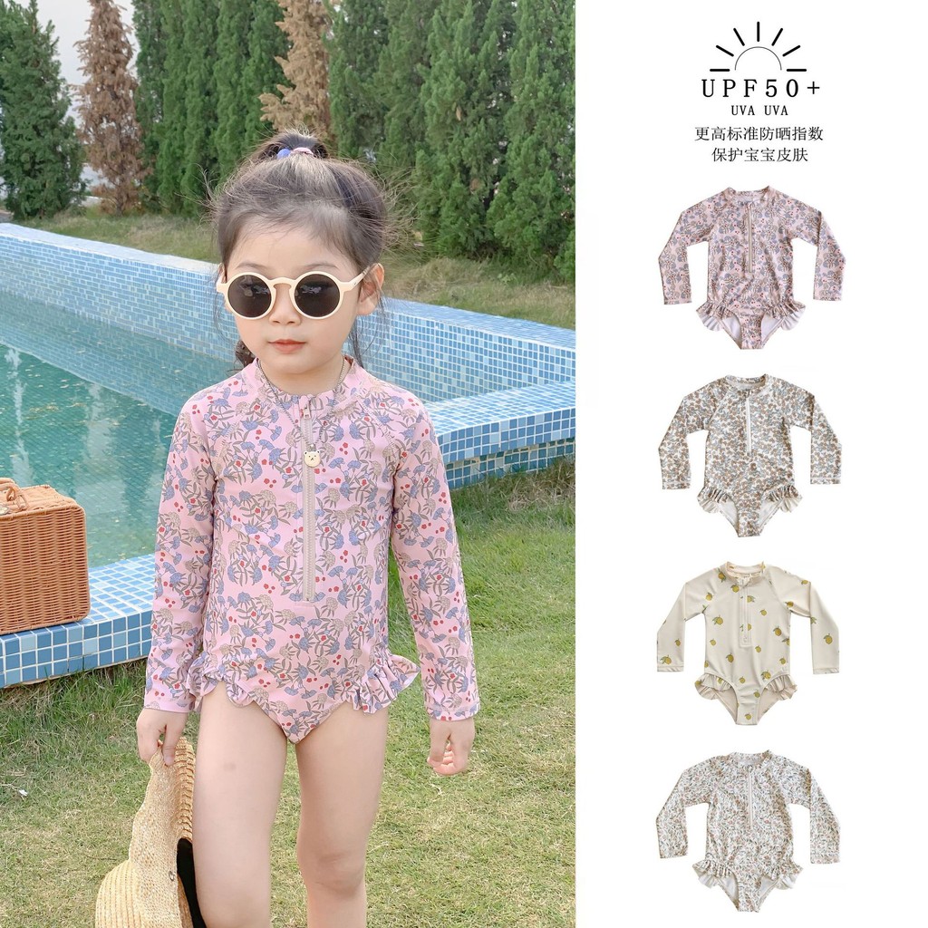 ชุดว่ายน้ําวันพีซแขนยาวลายดอกไม้สําหรับเด็กทารกผู้หญิง - ชุดว่ายน้ํากันแดดแบบแห้งเร็ว
