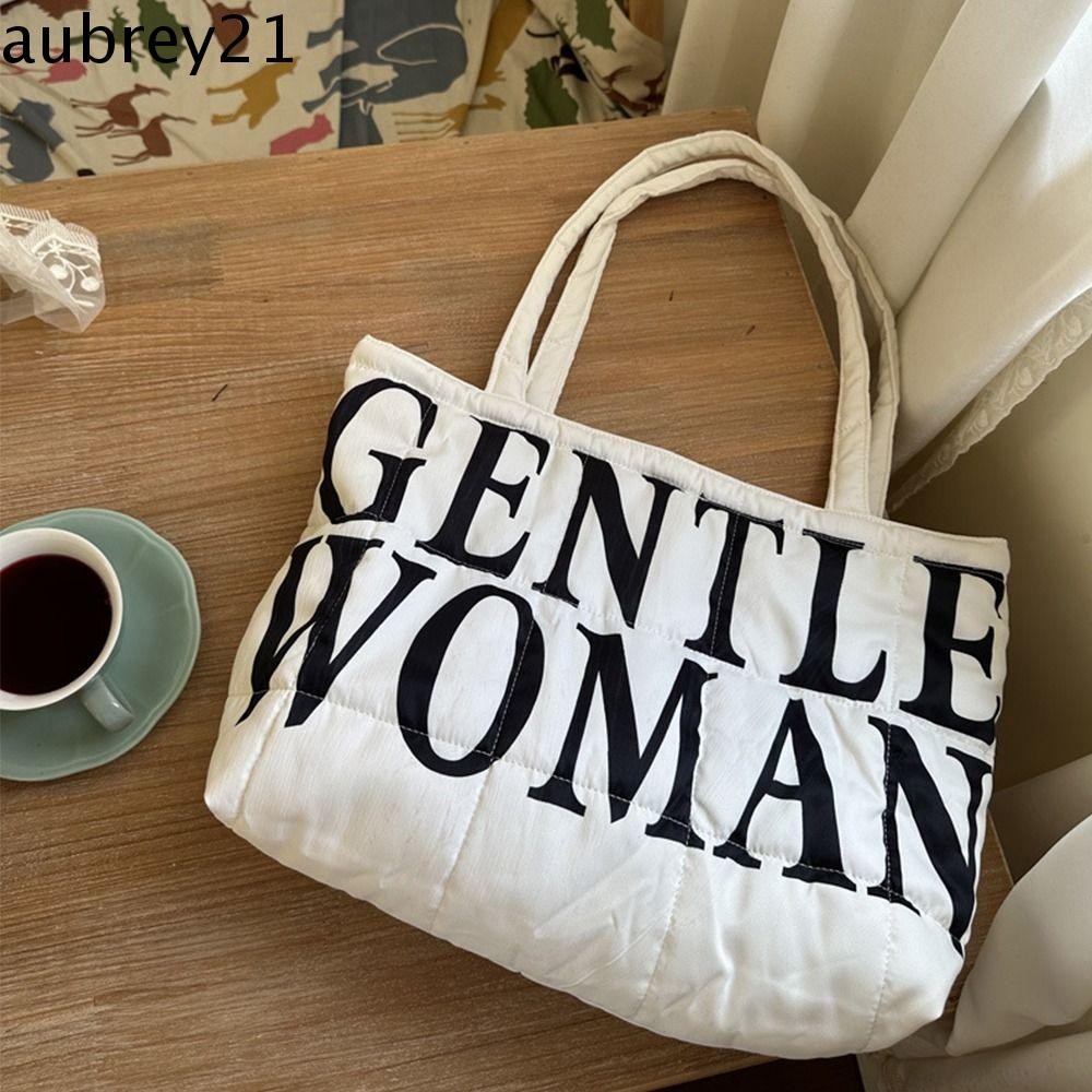 Aubrey1 Gentlewoman กระเป๋าสะพาย,ไทย GM แฟชั่นแบรนด์ Bubble Cotton กระเป๋าถือ,แบบพกพาผ้าฝ้ายความจุขนาดใหญ่กระเป๋าแม่จดหมายพิมพ์ผ้ากระเป๋าถือนักเรียน