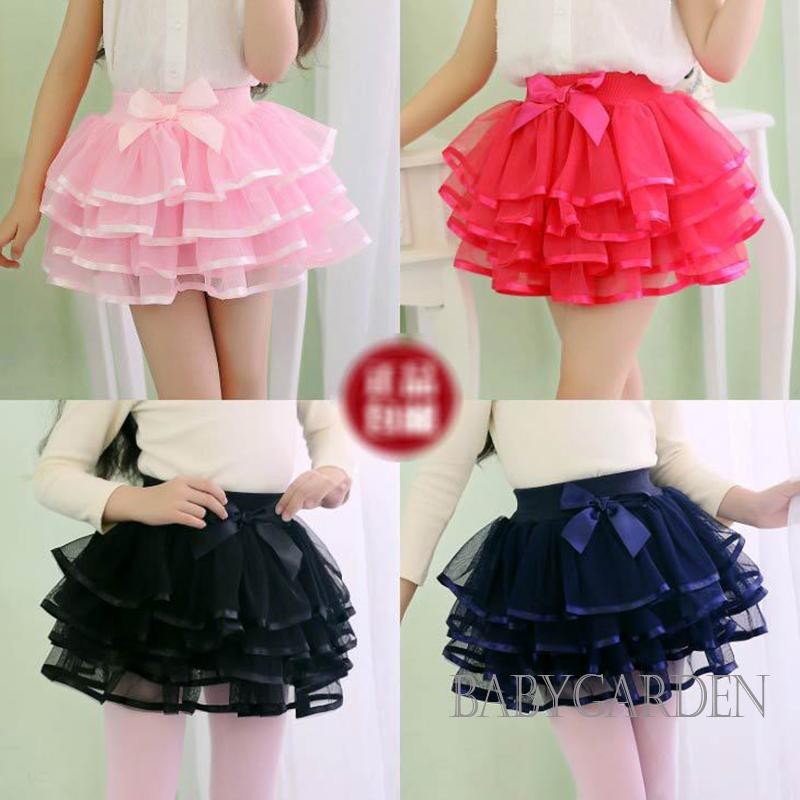 Baga-3-12years เด็กผู้หญิง Tutu กระโปรง Tiered Ruffled ตาข่าย Puffy Drape Hem Bow เข็มขัดยืดหยุ่นกระโปรงมินิ