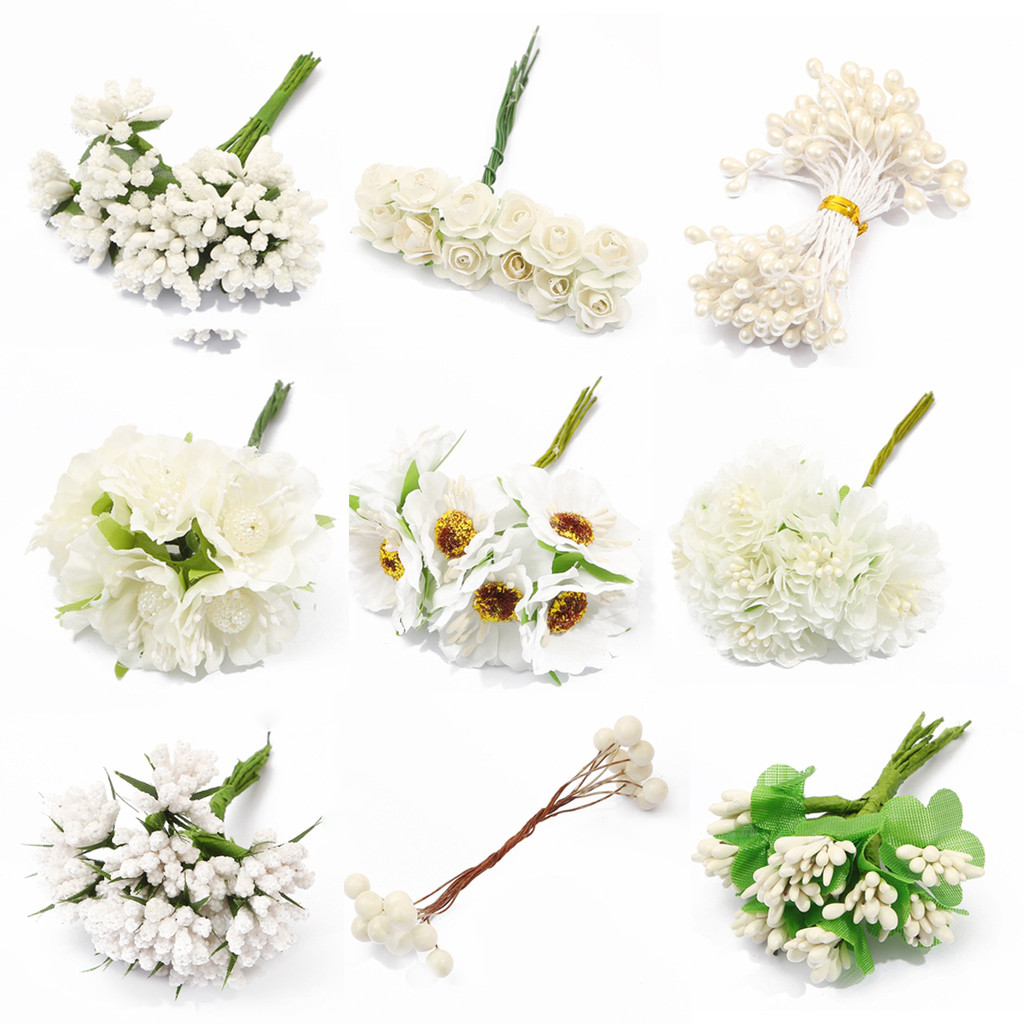 ดอกไม้ไฮบริดสีขาว Cherry Stamen Berries Bundle DIY คริสต์มาสงานแต่งงานเค้กกล่องพวงหรีดตกแต่ง
