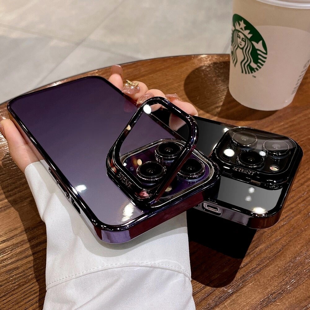 ใหม่ล่าสุด เคสไอโฟน แฟชั่น ขายึดเลนส์พับได้ 2in1 เคสโทรศัพท์พีซีชุบใส For iphone เคสไอโฟน11 12 13 14 15pro max