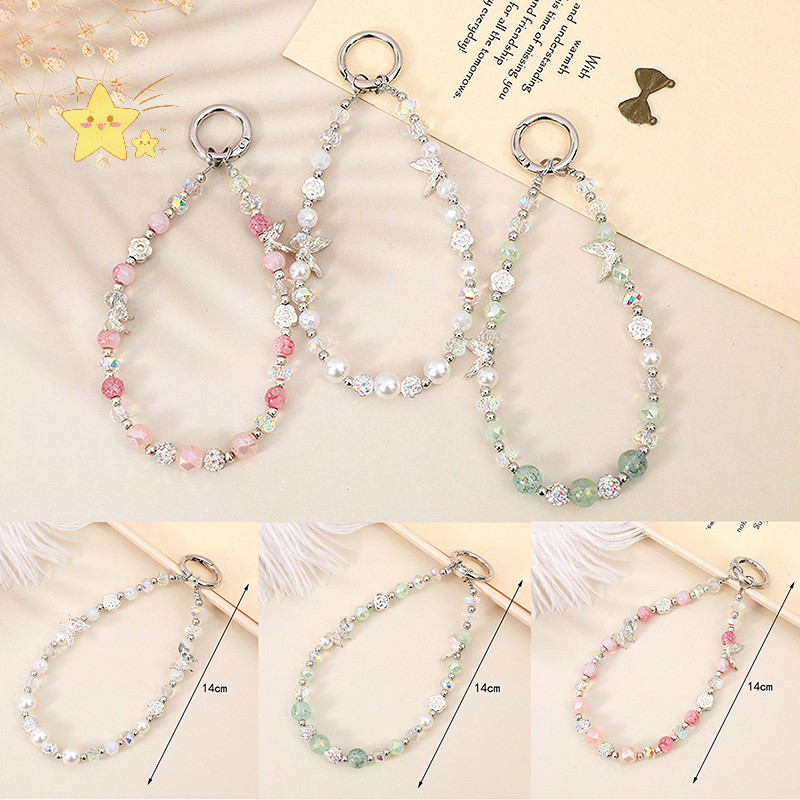 [ฯลฯ] ผีเสื้อสองชั้นโซ่โทรศัพท์เชือกเส้นเล็กคริสตัลลูกปัดโทรศัพท์จี้สายรัดข้อมือพวงกุญแจอุปกรณ์ตกแต่งกระเป๋า [เจบี]