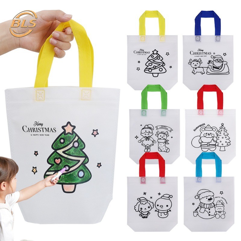 10 ชิ้น/ล็อตน่ารักการ์ตูนคริสต์มาส Graffiti Tote กระเป๋าสําหรับเด็ก - DIY ภาพวาดสี Nonทอกระเป๋า - Xmas Party ของขวัญ Doodle กระเป๋า