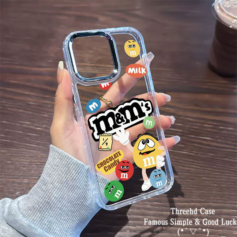ปลอกใช้งานร่วมกับ IPhone 11 XR 15 13 14 12 Pro Max 8 7 Plus SE 2020 X Xs Max ชุบเลนส์ใสนุ่ม M & M ถั่วน่ารักสนุกซิลิคอนกันกระแทกปลอก
