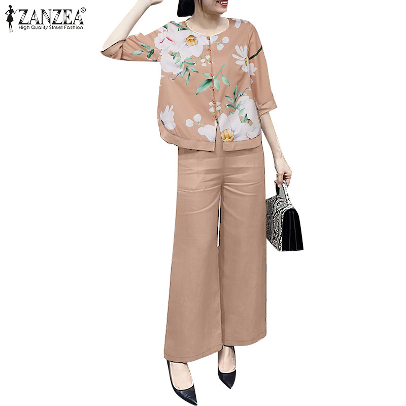 Zanzea ผู้หญิงเกาหลีลําลองพิมพ์รอบคอ Cuffs Hem Splicing กระเป๋าเสื้อกางเกง
