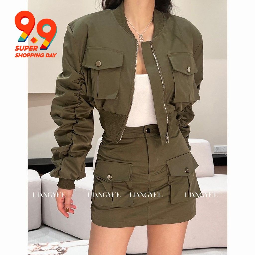 หวาน เท่ เก๋ เก๋ ออกแบบชุดเบสบอลซิป โค้ท เสื้อโค้ท เอวสูง กระโปรงสั้นทรง A ใส่ได้ 2 ชุด