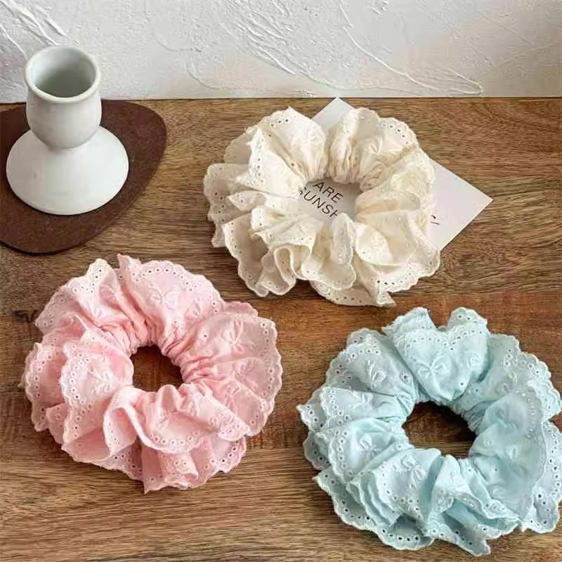ผู้หญิงสีขาวสีฟ้าสีชมพูผ้าฝ้ายลูกไม้ Fairy Priness เชือกผมหางม้า Scrunchies ผมผูก