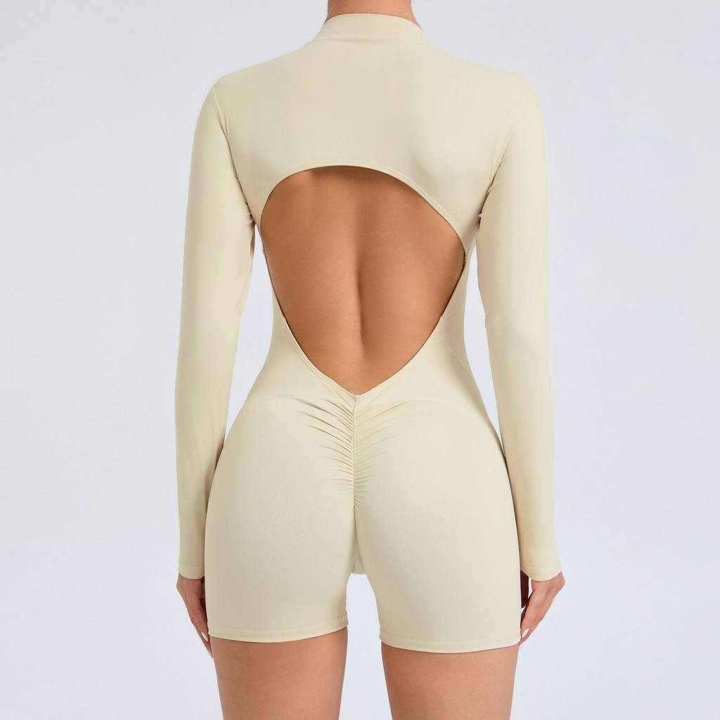 Shamzu Hollow Back Half Zipper Jumpsuit พีชบั้นท้ายกีฬาฟิตเนส Big Halter Quick-Drying โยคะ Jumpsuit