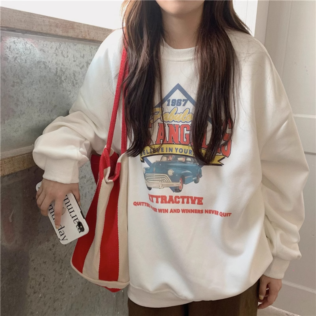 Solovely สไตล์เกาหลี หลวม แขนยาว เสื้อตัวบน พิมพ์ลาย โอเวอร์ไซส์ เสื้อสเวตเตอร์