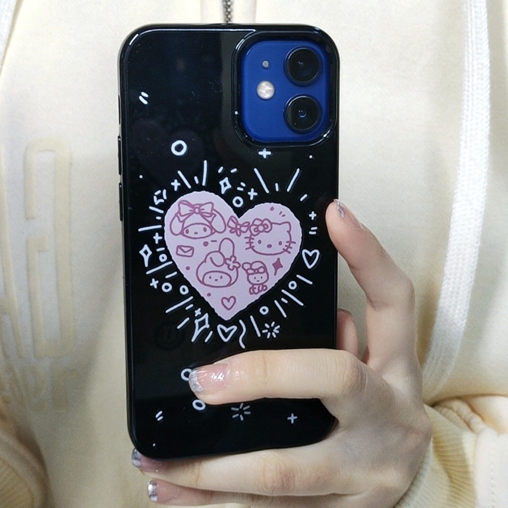 Ins Sanrio สีดําGlossy Soft Case Anti-Fallเคสโทรศัพท์สําหรับiPhone 16 Promax 15 Promax 12 13 Mini 14plus 11 Pro Max X XS XR XS Max 7 8 plus Se2020