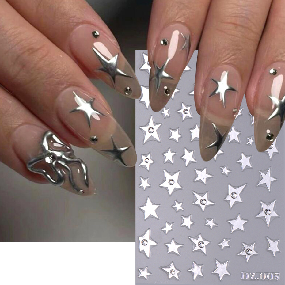 3d Diamond Star Y2K สติกเกอร์เล็บเลเซอร์ Star Love สไตล์เล็บ Decal หรูหราเงิน Self-Adhesive ตกแต่งเล็บ Slider Decals