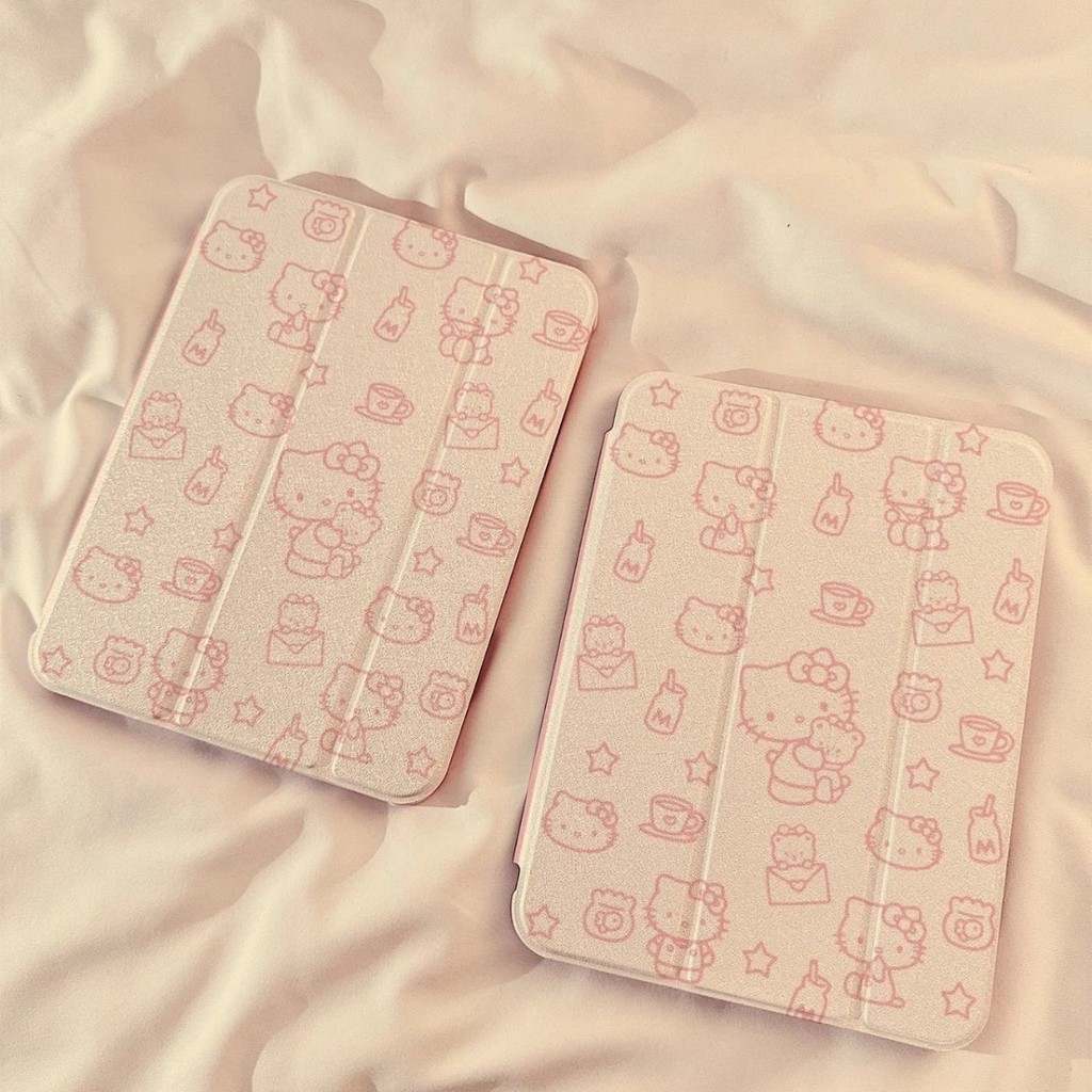 เคส ipad รูปแบบใหม่สีชมพู KT Cat เคสป้องกัน Apple เหมาะสําหรับ Apple iPad Pro2024 เคสป้องกัน Air6/5/4 นุ่ม 7/8/9 อะคริลิค Tri-Fold Anti-Bending
