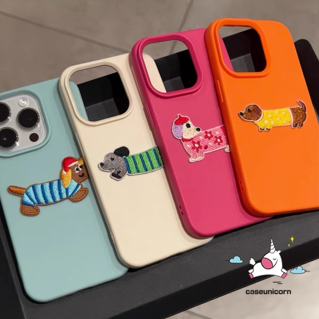ลูกสุนัขน่ารักการ์ตูน Simple Dachshund สุนัข DIY 3D สติกเกอร์คู่สําหรับ IPhone 15 11 16 14 13 12 Pro Max XR X 14 16 15 Plus XS Max หนังหรูหราผิวรู้สึกกรณี