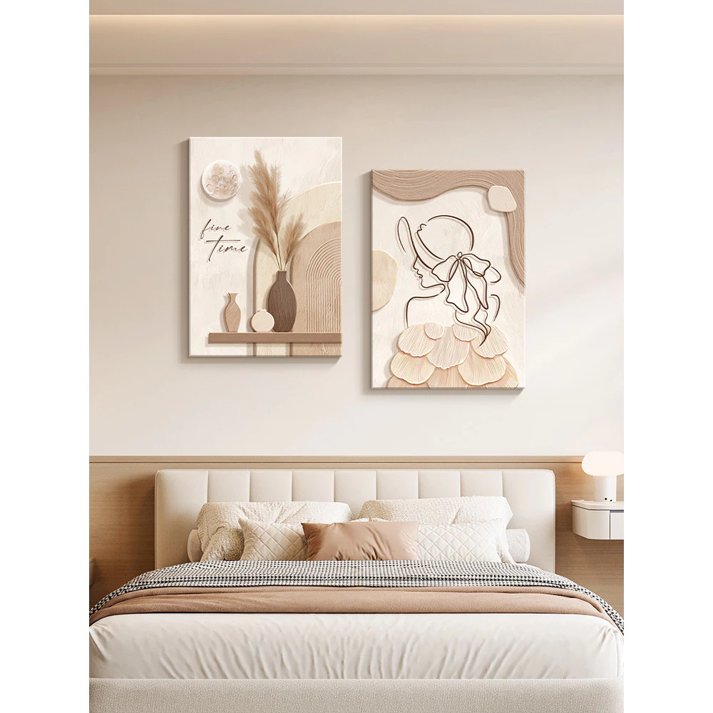 (พร้อมกรอบ) Simple Abstract Line Art Girl Figure Nordic Beige ภาพวาดผ้าใบพิมพ์ภาพ