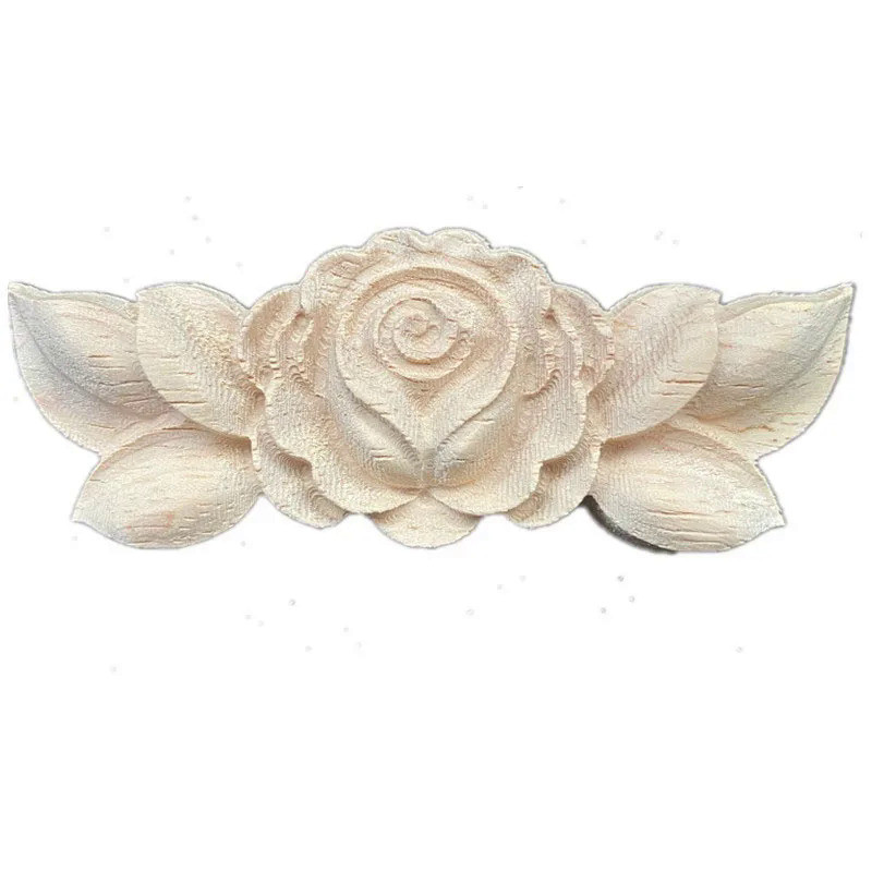 9cm Unpainted Wooden Applique Furniture Carving Natural Wood Cabinet Flower Craft Figurine Home Deco