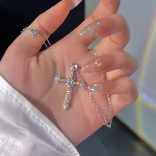 Necklaces สร้อยคอจี้ไม้กางเขน สําหรับผู้หญิง คริสตัล สีเงิน กระดูกไหปลาร้า โซ่เค้นคอ เครื่องประดับ อุปกรณ์เสริม
