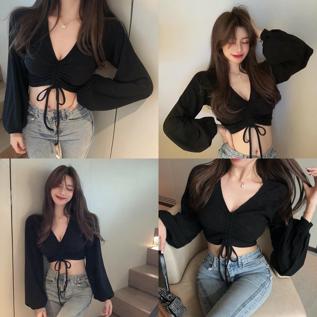 Anne เสื้อครอป คอวี ดีเทลสายรูดตรงอกเก๋ๆ เสื้อยืดผู้หญิง ผ้าใส่สบาย สไตล์ลำลอง แฟชั่น เซ็กซี่ #FY2418