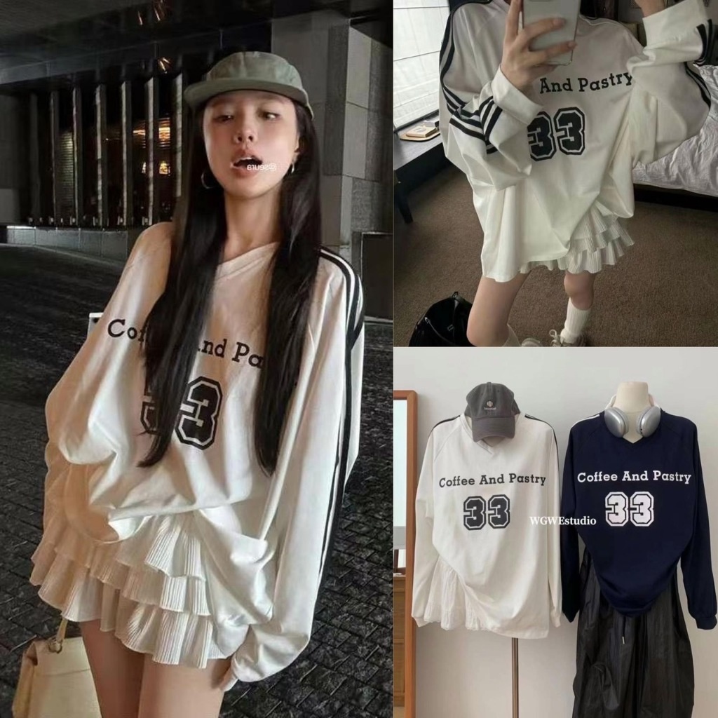 เสื้ออแขนยาวคอวี แต่งแถบสามแถบ สกรีนลายเท่  ผ้าดีมาก ทรงเกาหลี ทรงน่ารัก แฟชั่นเกาหลี TAG WG.WE