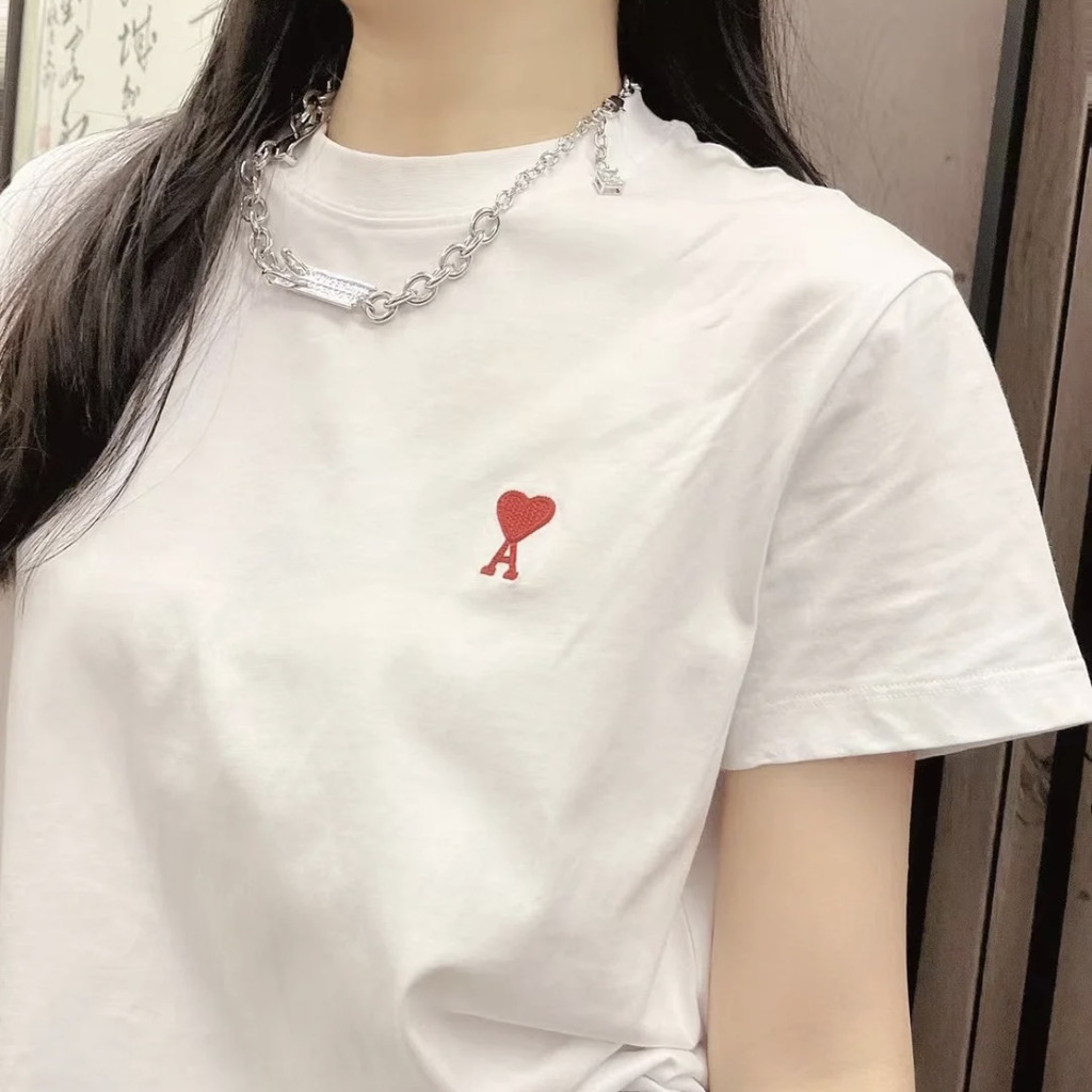 แฟชั่นแบรนด์คู่ a-mi ผ้าฝ้าย simple love heart เย็บปักถักร้อยแขนสั้น Joker เสื้อยืดสําหรับผู้ชายและผู้หญิงเยาวชนครึ่งแขน XS-3XL