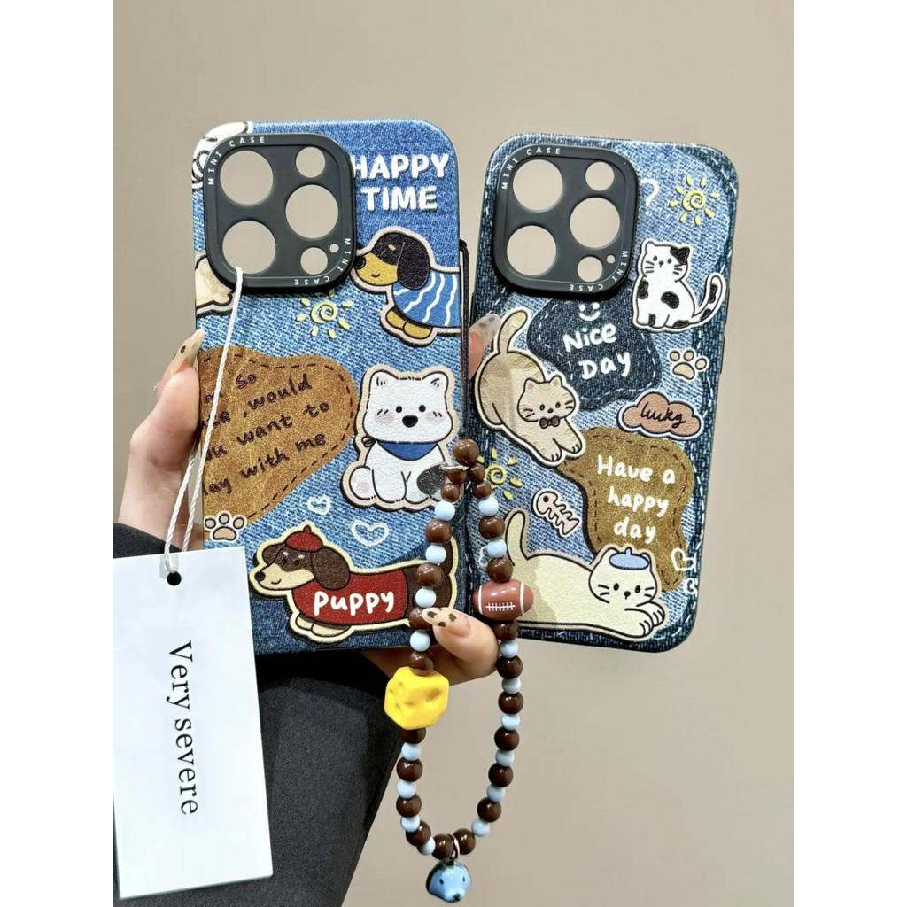 น่ารัก DENIM Cat Dog เหมาะสำหรับ Iphone16เคสโทรศัพท์ Apple 15PROMAX ใหม่14pro ผู้หญิง13เคสป้องกัน12pro
