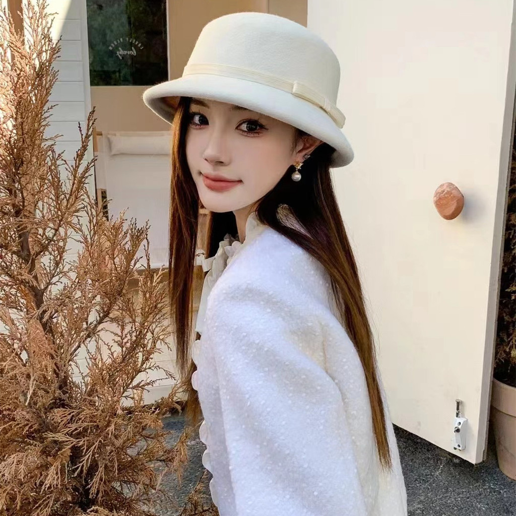 ลูกสาว เซียวเซียง สไตล์ขนสัตว์สีขาวถังหมวกผู้หญิงใบหน้าขนาดเล็กฤดูใบไม้ร่วงฤดูหนาวฝรั่งเศสย้อนยุครู้สึกหมวกระดับไฮเอนด์โคมไฟโคมไฟด้านบน