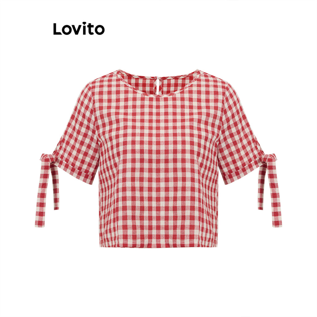 Lovito เสื้อเบลาส์โบว์ ลายกิงแฮมลำลองสำหรับผู้หญิง L106AD233