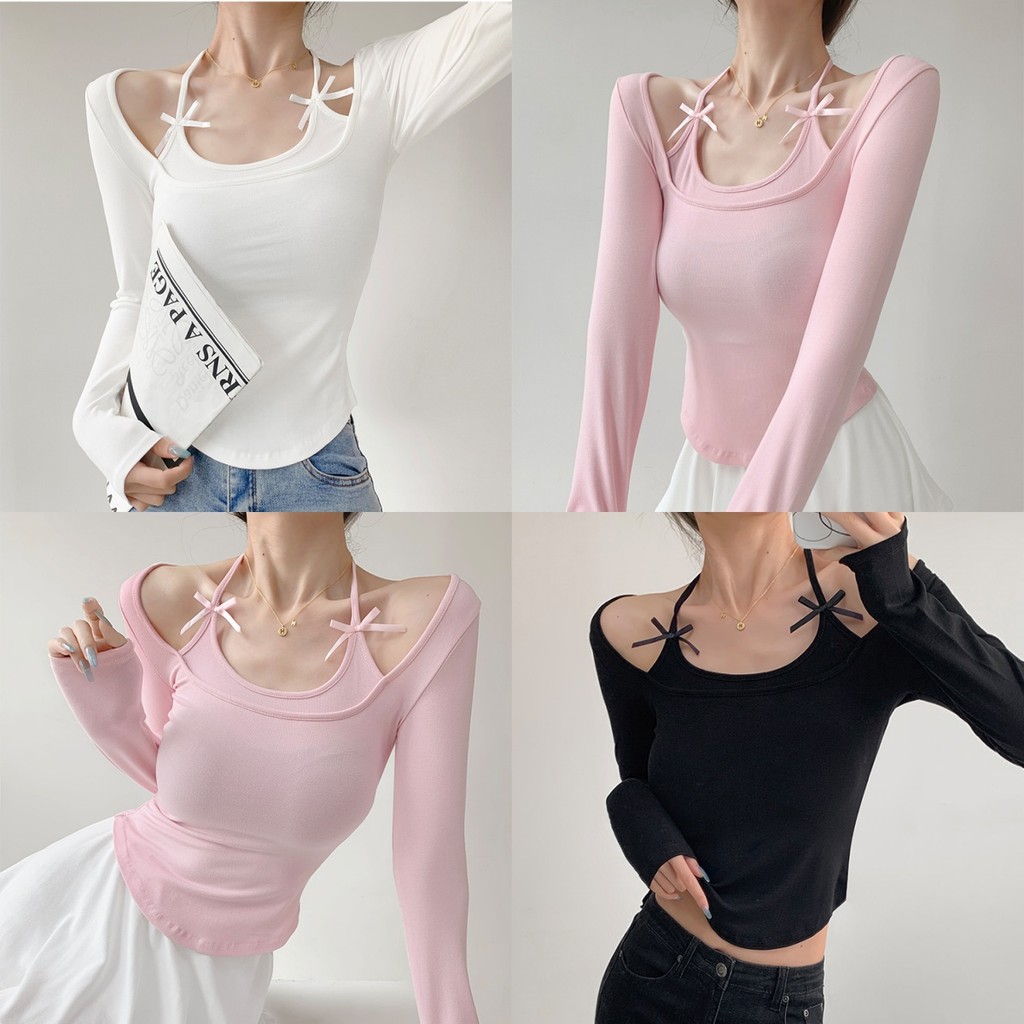 Anne เสื้อยืดแขนยาว สีพื้น มีฟองน้ำ คอกลม แต่งโบว์ ผ้ายืด เสื้อยืดผู้หญิง สไตล์ลำลอง ใส่สบาย #FY5053