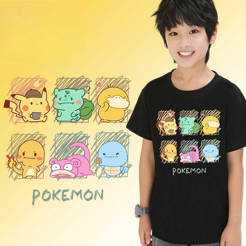 เสื้อยืดโปเกมอนเด็กผู้ชาย Pikachu Charizard Graphic Short Sleeve Summer Casual Tee