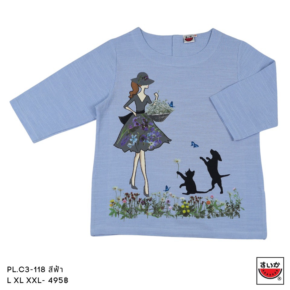 แตงโม (SUIKA) - เสื้อแตงโม คอปาดแขนสามส่วน ผ้าสลาฟ พิมพ์ลายดอกไม้ ( PL.C3-089 116 118 125 133 134 140 ) — صورة 3